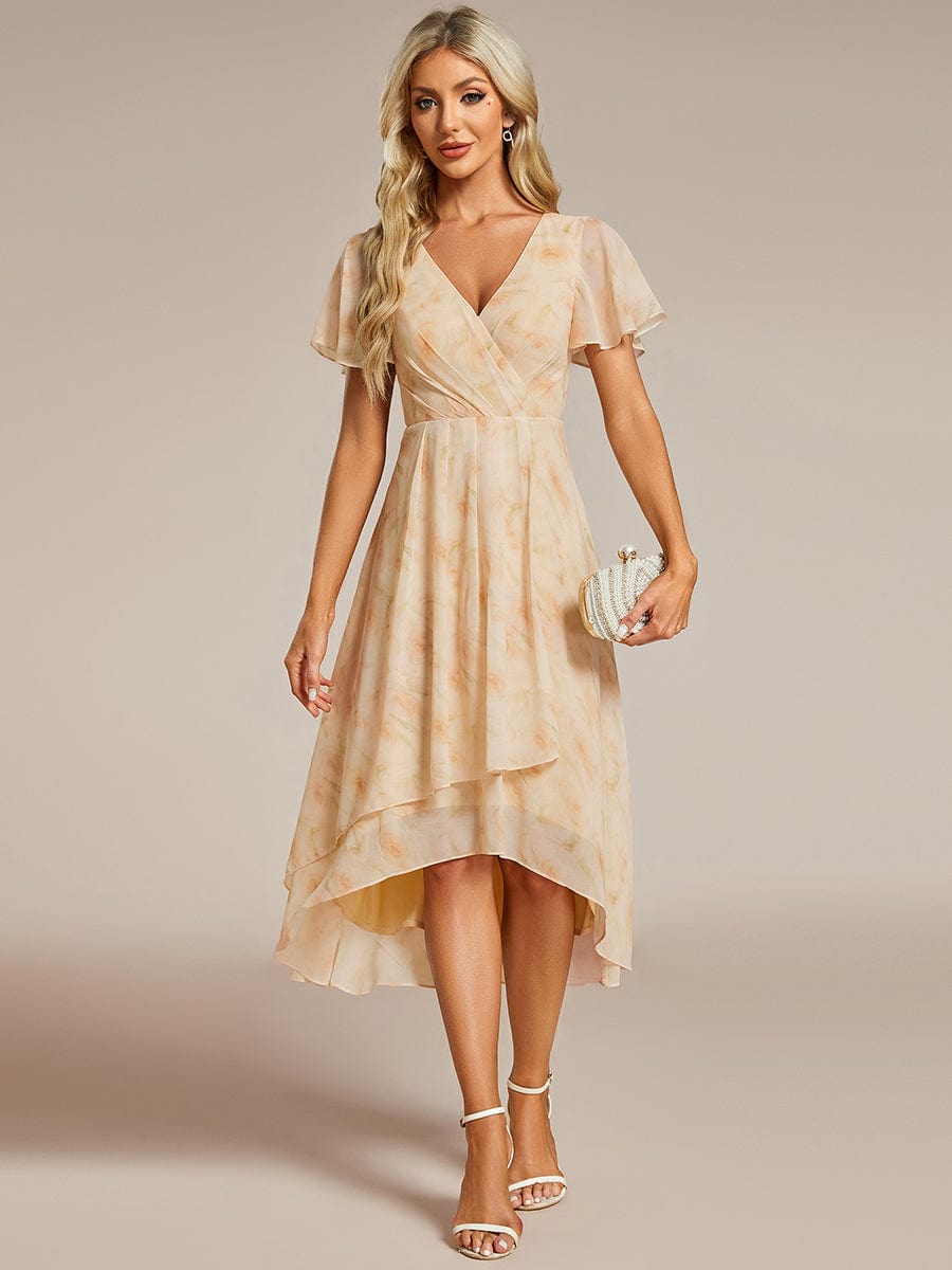 Ruffles Sleeve Pleated V-Neck A-Line Midi Chiffon Wedding Guest Dress
