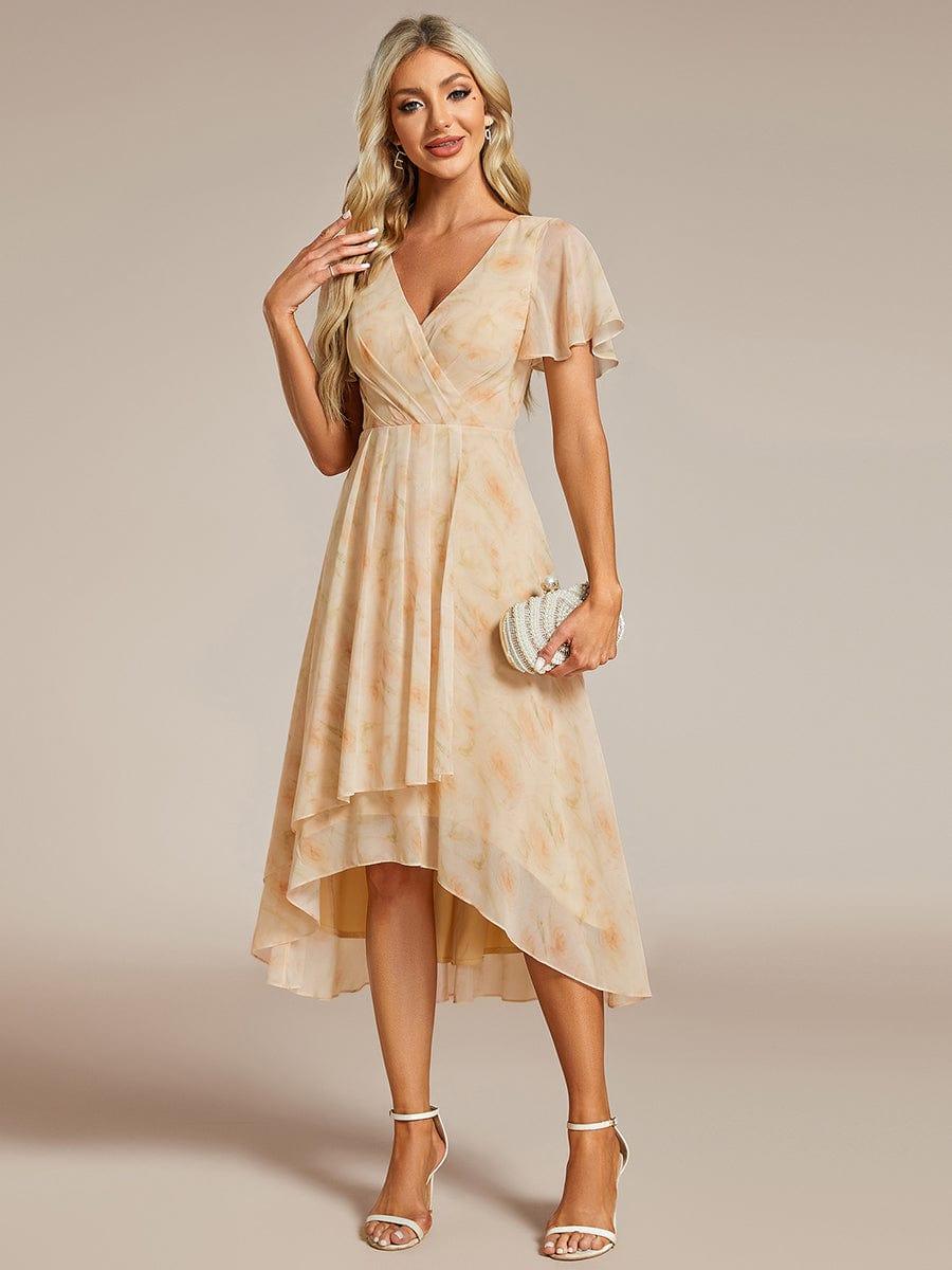 Ruffles Sleeve Pleated V-Neck A-Line Midi Chiffon Wedding Guest Dress #color_Golden Roses