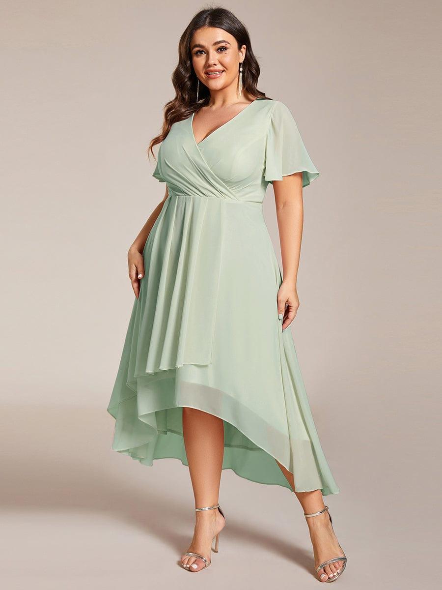 Plus Size Chiffon Short Sleeves Pleated V-Neck A-Line Midi Wedding Guest Dress #color_Mint Green