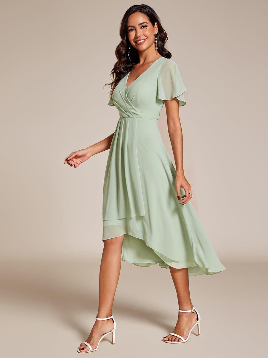 Ruffles Sleeve Pleated V-Neck A-Line Midi Chiffon Wedding Guest Dress #color_Mint Green