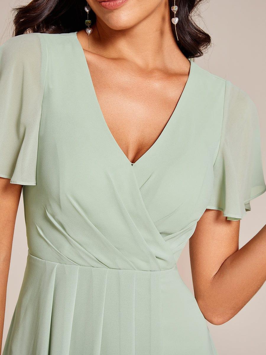 Ruffles Sleeve Pleated V-Neck A-Line Midi Chiffon Wedding Guest Dress #color_Mint Green