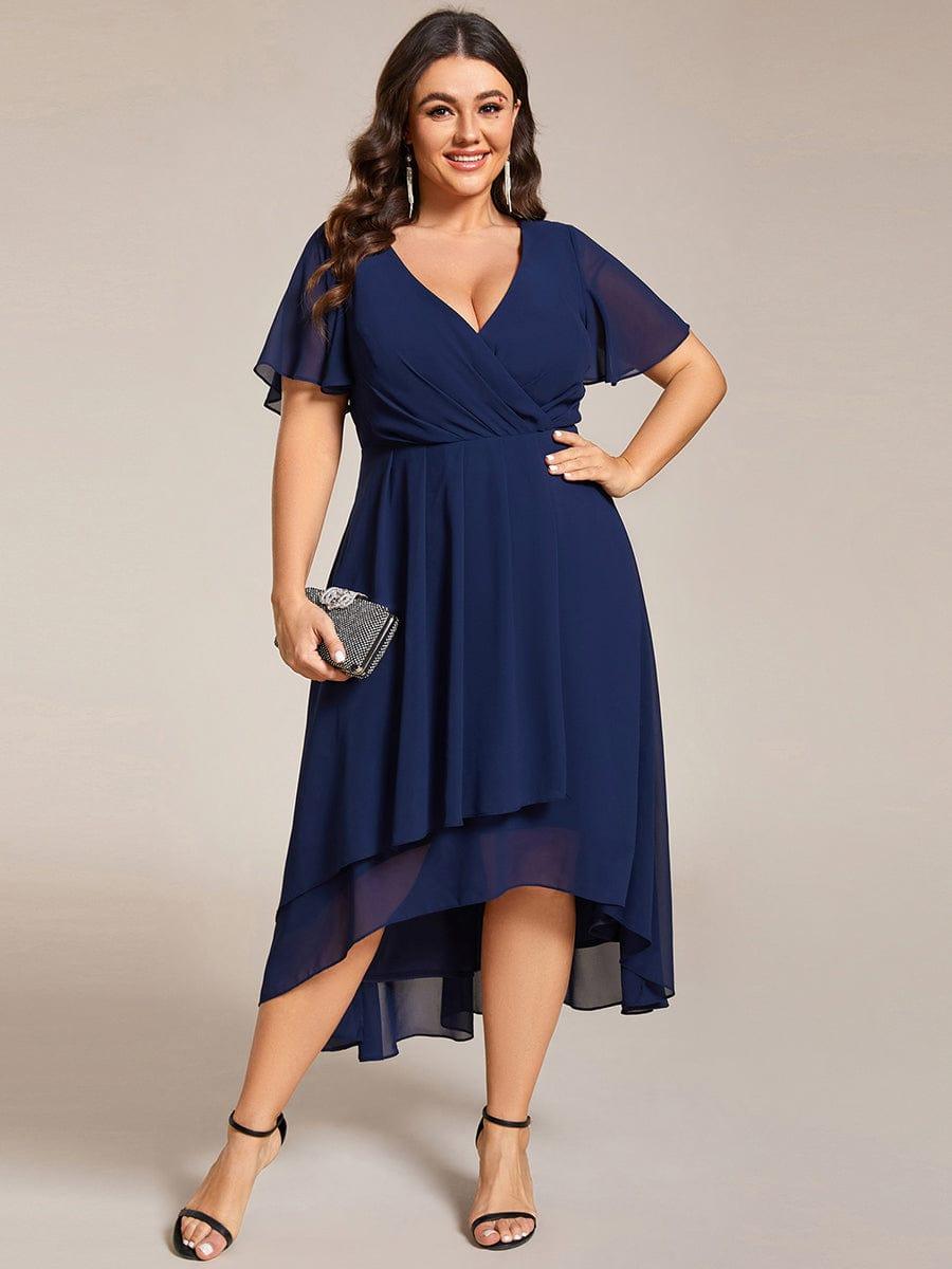 Plus Size Chiffon Short Sleeves Pleated V-Neck A-Line Midi Wedding Guest Dress #color_Navy Blue