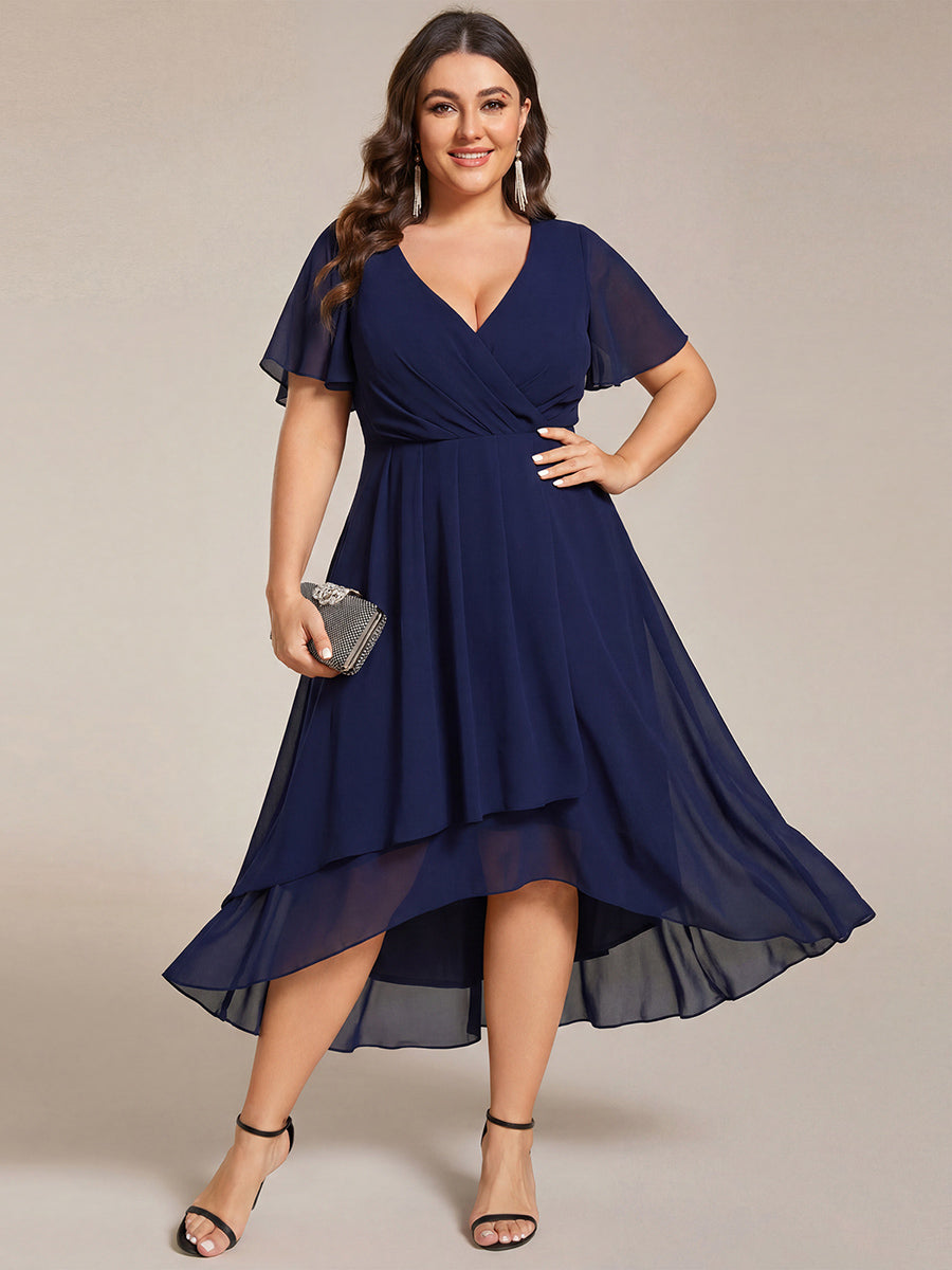 Plus Size Chiffon Short Sleeves Pleated V-Neck A-Line Midi Wedding Guest Dress #color_Navy Blue