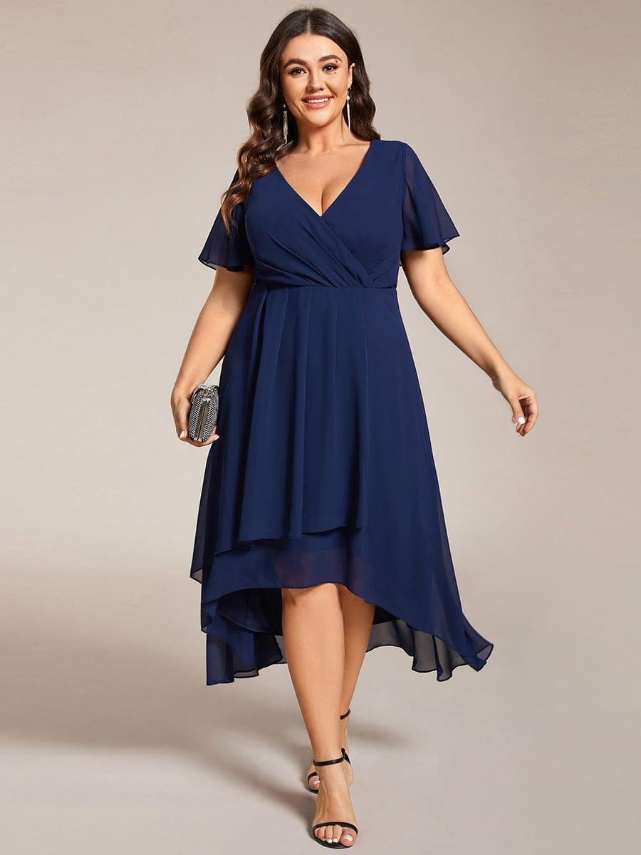 Plus Size Chiffon Short Sleeves Pleated V-Neck A-Line Midi Wedding Guest Dress #color_Navy Blue
