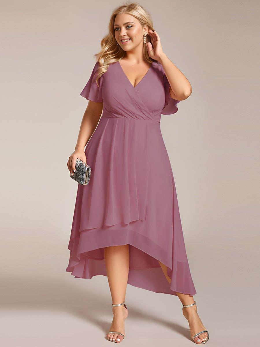 Plus Size Chiffon Short Sleeves Pleated V-Neck A-Line Midi Wedding Guest Dress #color_Purple Orchid
