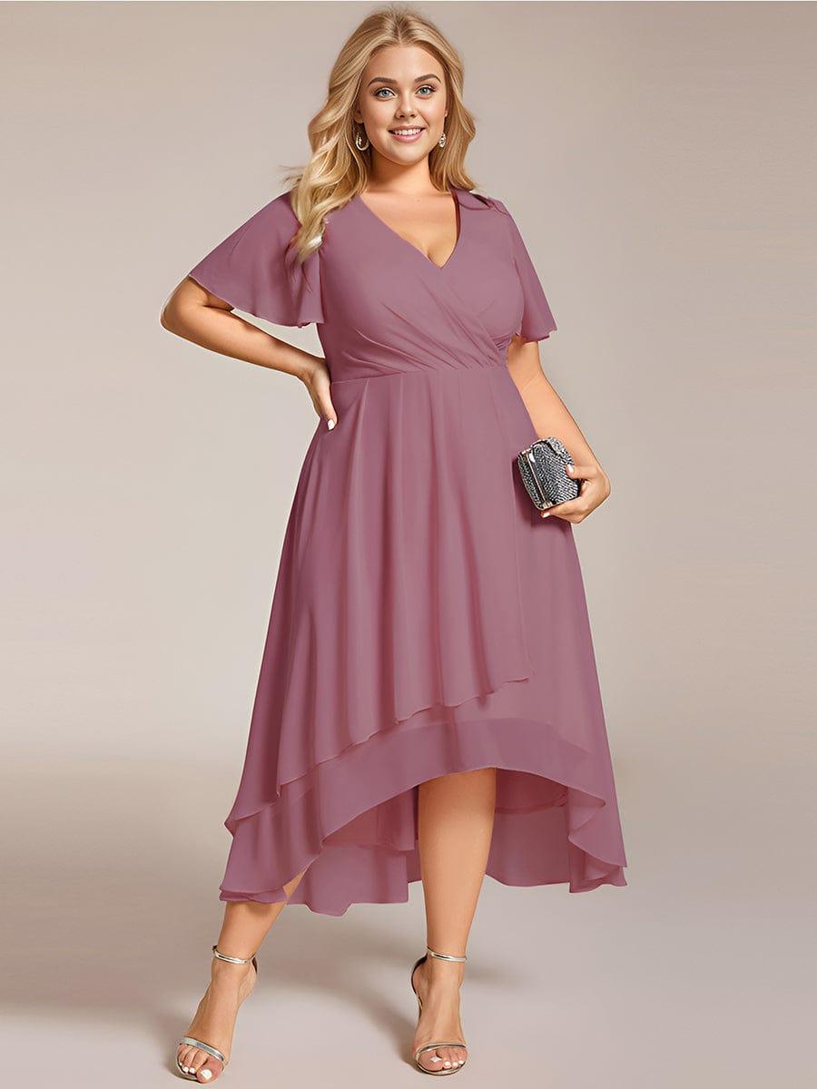 Plus Size Chiffon Short Sleeves Pleated V-Neck A-Line Midi Wedding Guest Dress #color_Purple Orchid