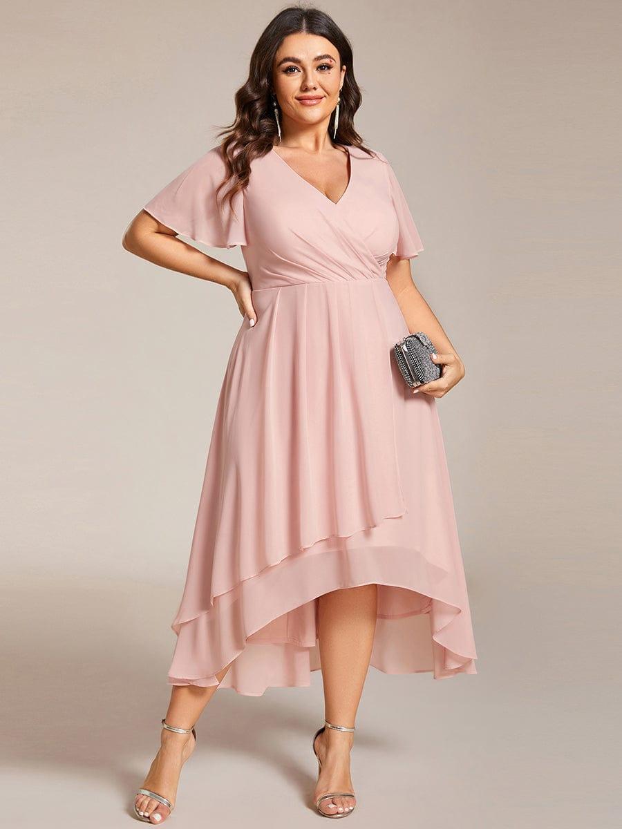 Plus Size Chiffon Short Sleeves Pleated V-Neck A-Line Midi Wedding Guest Dress #color_Pink