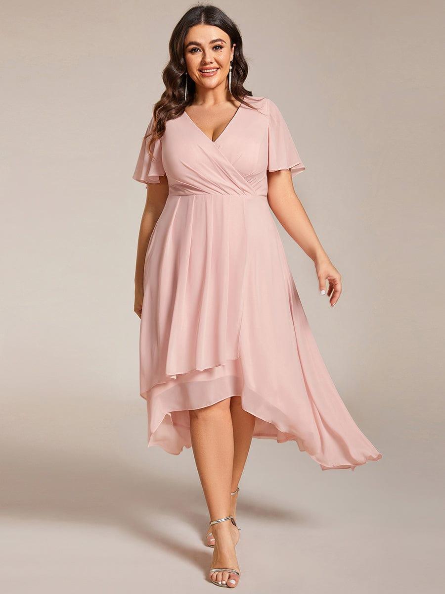 Plus Size Chiffon Short Sleeves Pleated V-Neck A-Line Midi Wedding Guest Dress #color_Pink