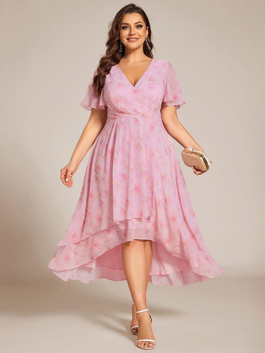 Plus Size Chiffon Short Sleeves Pleated V-Neck A-Line Midi Wedding Guest Dress #color_Light Purple Roses
