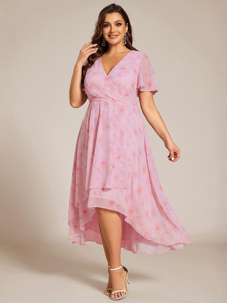 Plus Size Chiffon Short Sleeves Pleated V-Neck A-Line Midi Wedding Guest Dress #color_Light Purple Roses