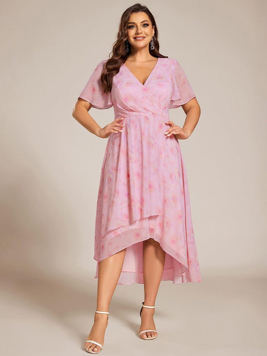 Plus Size Chiffon Short Sleeves Pleated V-Neck A-Line Midi Wedding Guest Dress #color_Light Purple Roses