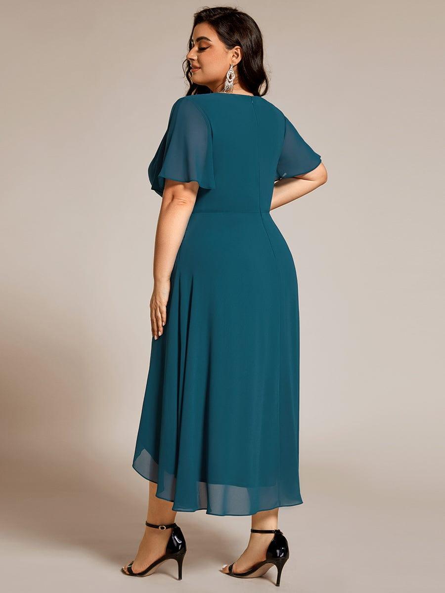 Plus Size Chiffon Short Sleeves Pleated V-Neck A-Line Midi Wedding Guest Dress #color_Teal
