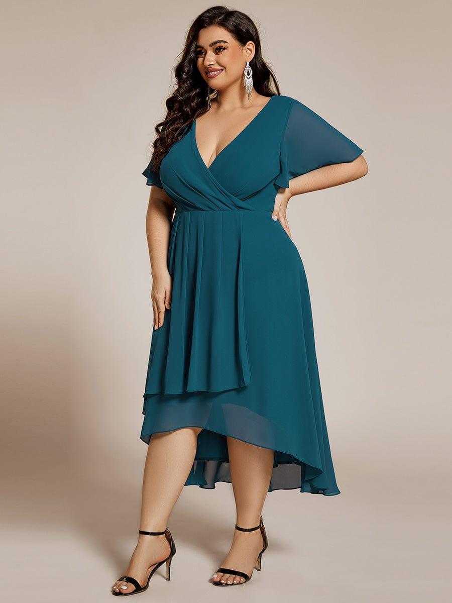 Plus Size Chiffon Short Sleeves Pleated V-Neck A-Line Midi Wedding Guest Dress #color_Teal