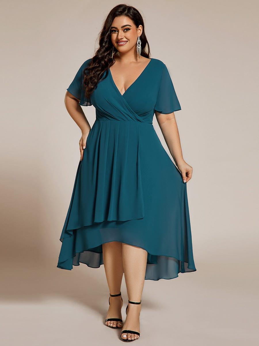 Plus Size Chiffon Short Sleeves Pleated V-Neck A-Line Midi Wedding Guest Dress #color_Teal