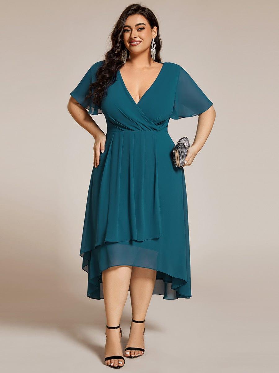 Plus Size Chiffon Short Sleeves Pleated V-Neck A-Line Midi Wedding Guest Dress #color_Teal