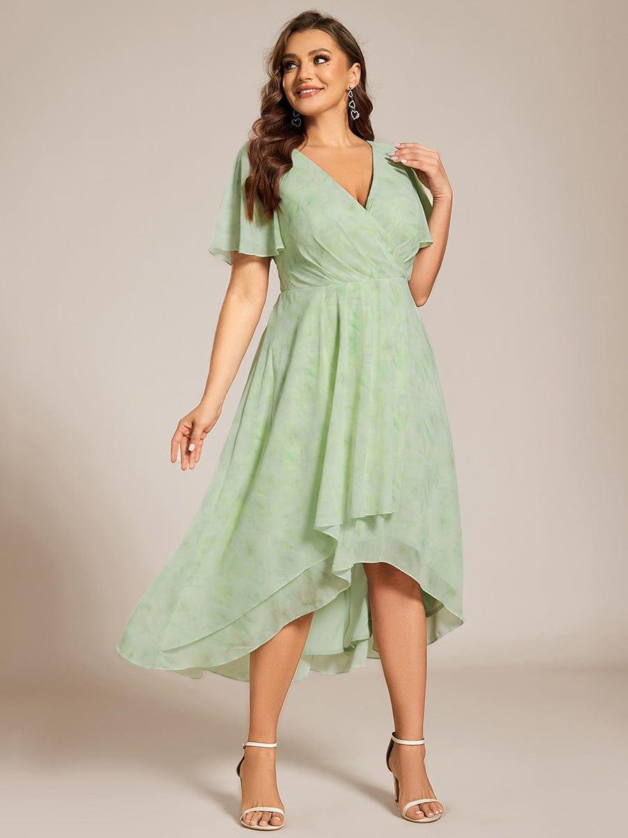 Plus Size Chiffon Short Sleeves Pleated V-Neck A-Line Midi Wedding Guest Dress #color_Light Green Roses
