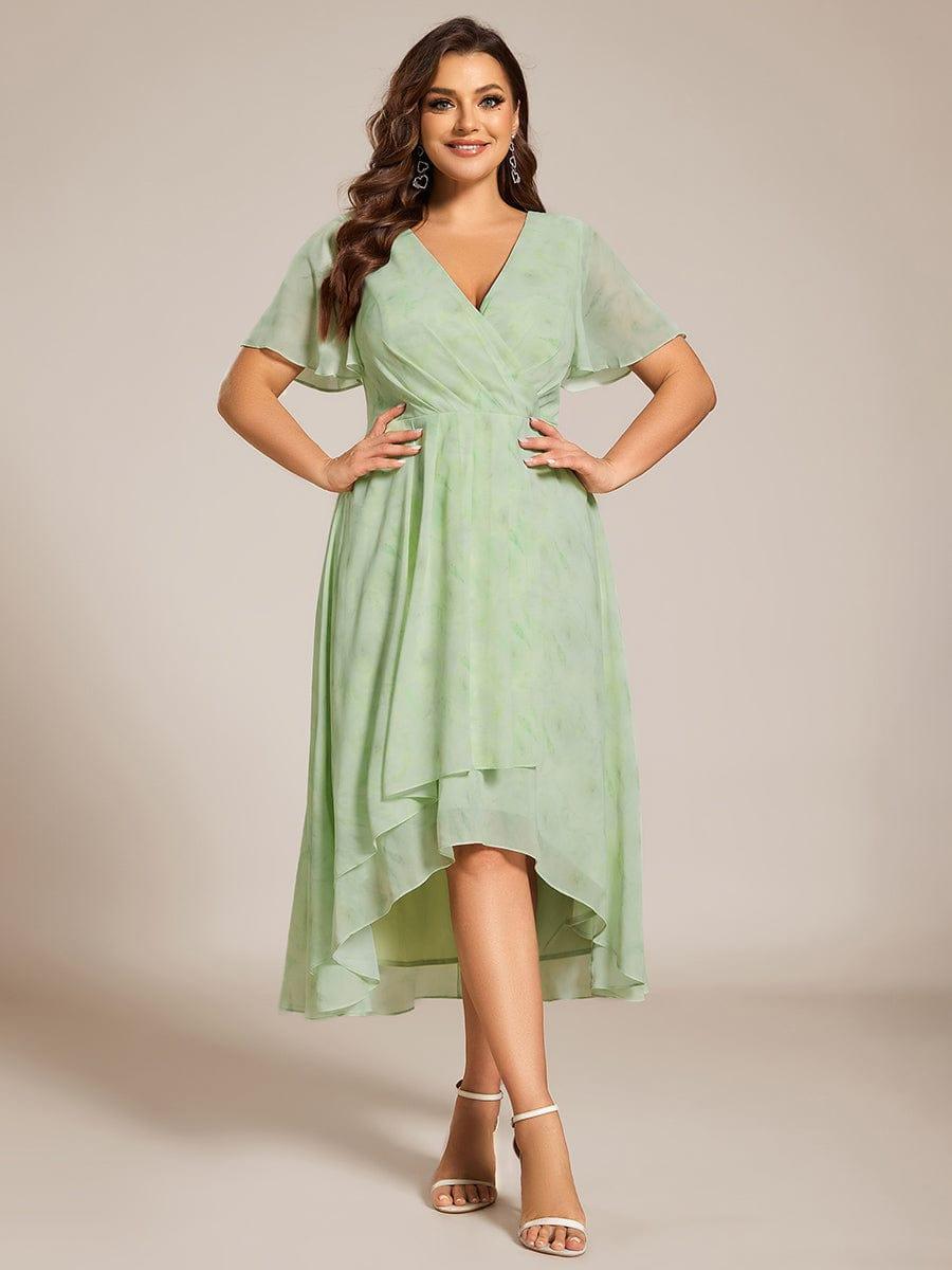 Plus Size Chiffon Short Sleeves Pleated V-Neck A-Line Midi Wedding Guest Dress #color_Light Green Roses