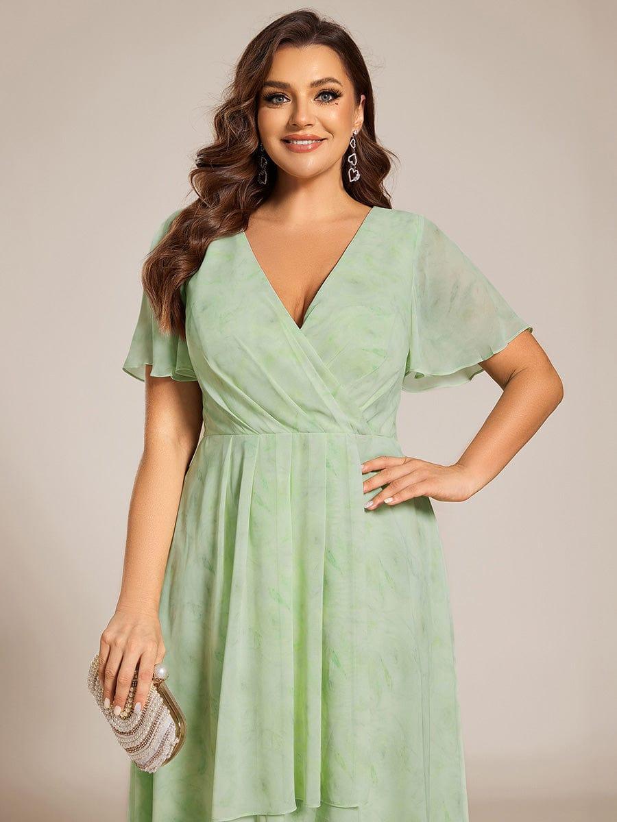 Plus Size Chiffon Short Sleeves Pleated V-Neck A-Line Midi Wedding Guest Dress #color_Light Green Roses