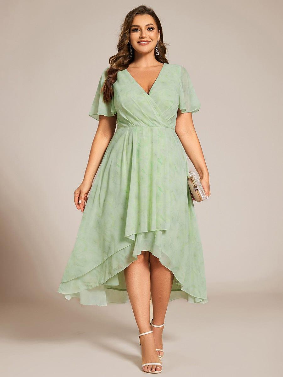 Ruffles Sleeve Pleated V-Neck A-Line Midi Chiffon Wedding Guest Dress #color_Light Green Roses