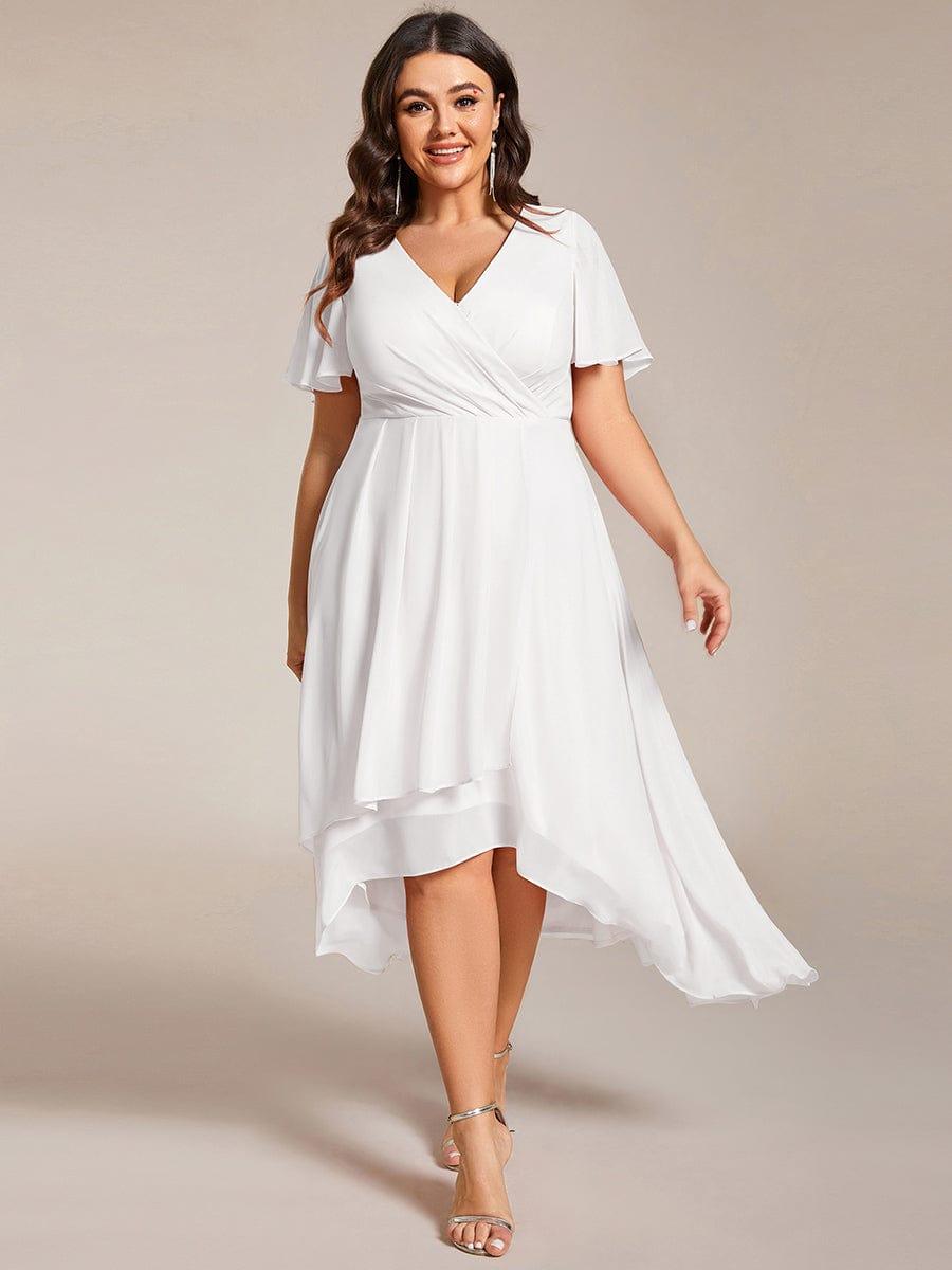 Plus Size Chiffon Short Sleeves Pleated V-Neck A-Line Midi Wedding Guest Dress #color_White