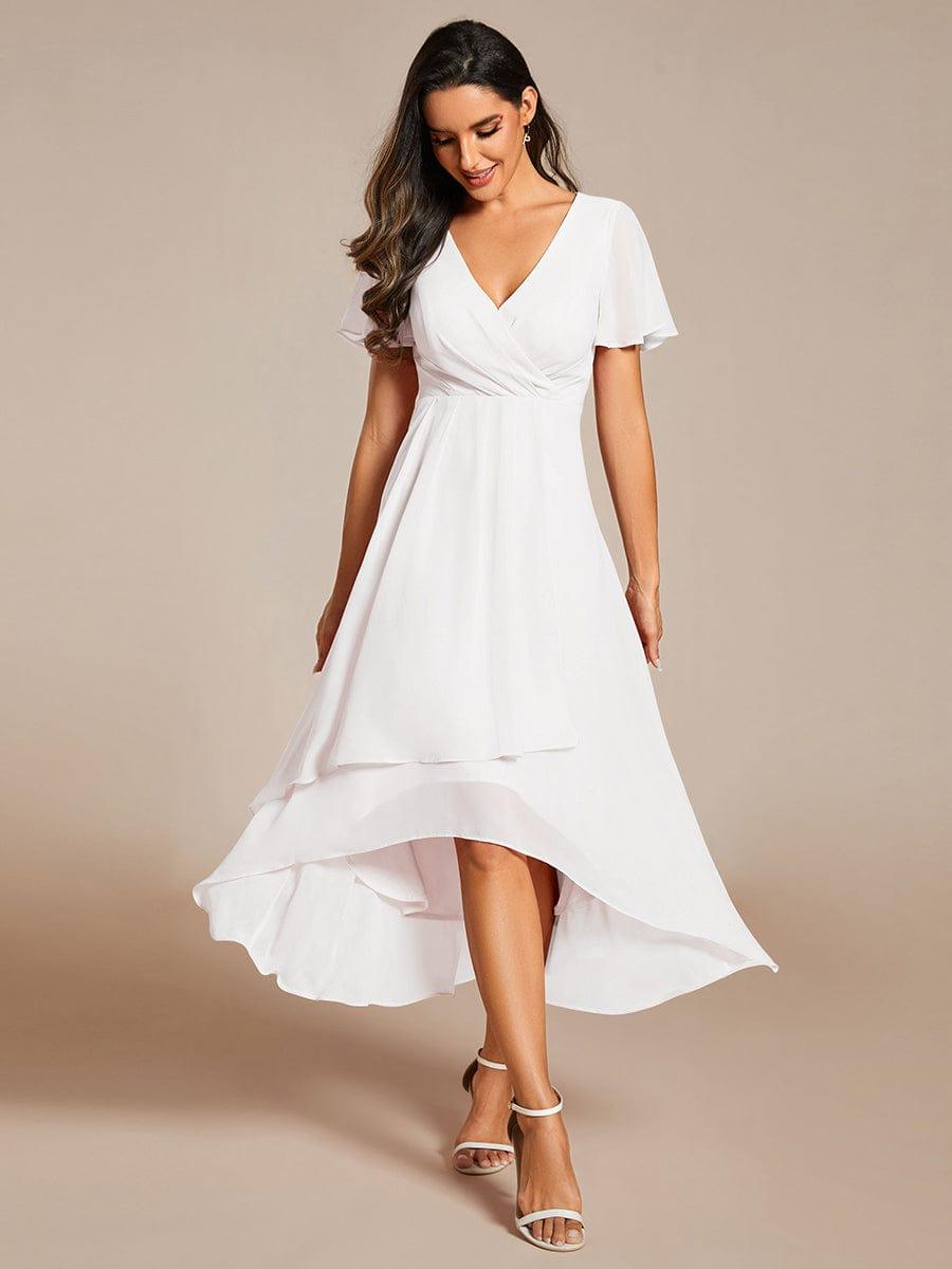 Pleated Chiffon Ruffles Sleeve Midi Bridesmaid Dress #color_White