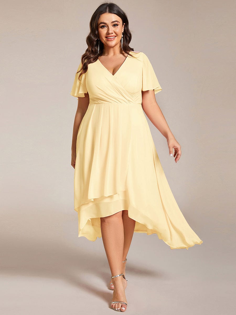 Ruffles Sleeve Pleated V-Neck A-Line Midi Chiffon Wedding Guest Dress #color_Yellow