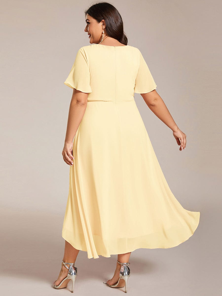 Plus Size Chiffon Short Sleeves Pleated V-Neck A-Line Midi Wedding Guest Dress #color_Yellow