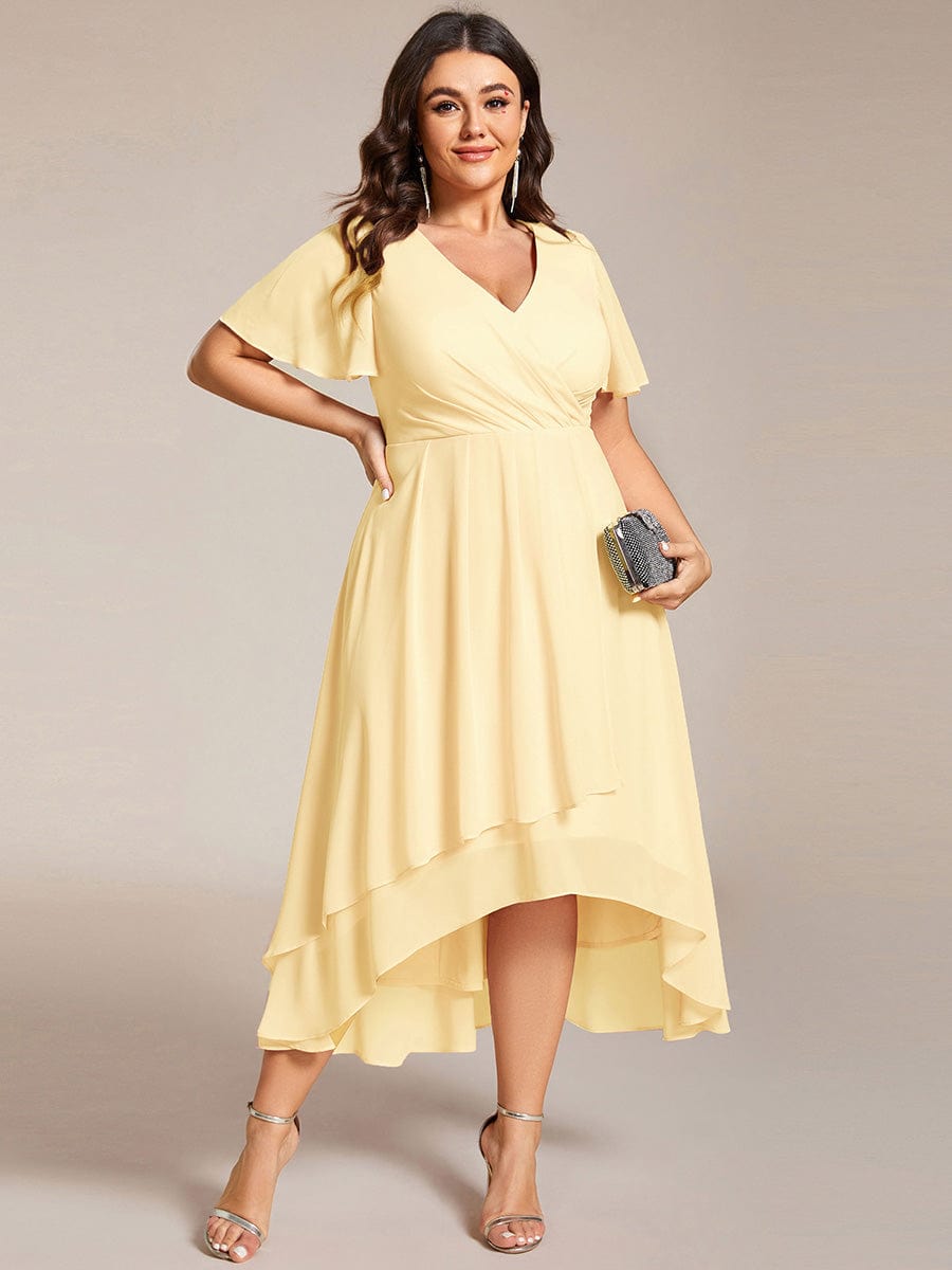 Plus Size Chiffon Short Sleeves Pleated V-Neck A-Line Midi Wedding Guest Dress #color_Yellow