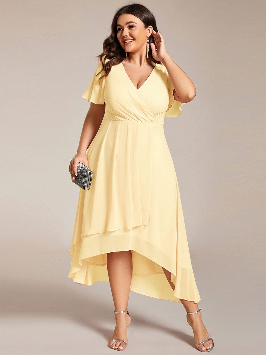 Plus Size Chiffon Short Sleeves Pleated V-Neck A-Line Midi Wedding Guest Dress #color_Yellow