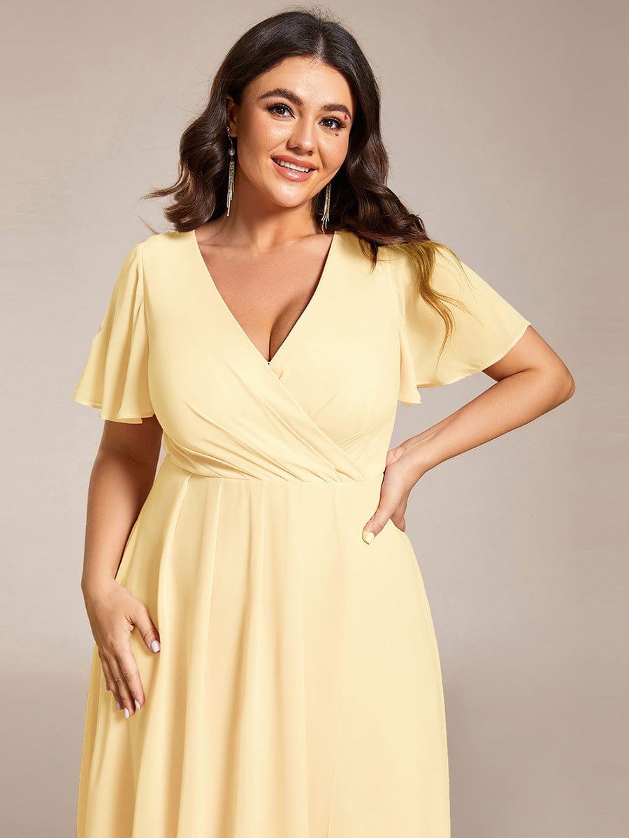 Ruffles Sleeve Pleated V-Neck A-Line Midi Chiffon Wedding Guest Dress #color_Yellow