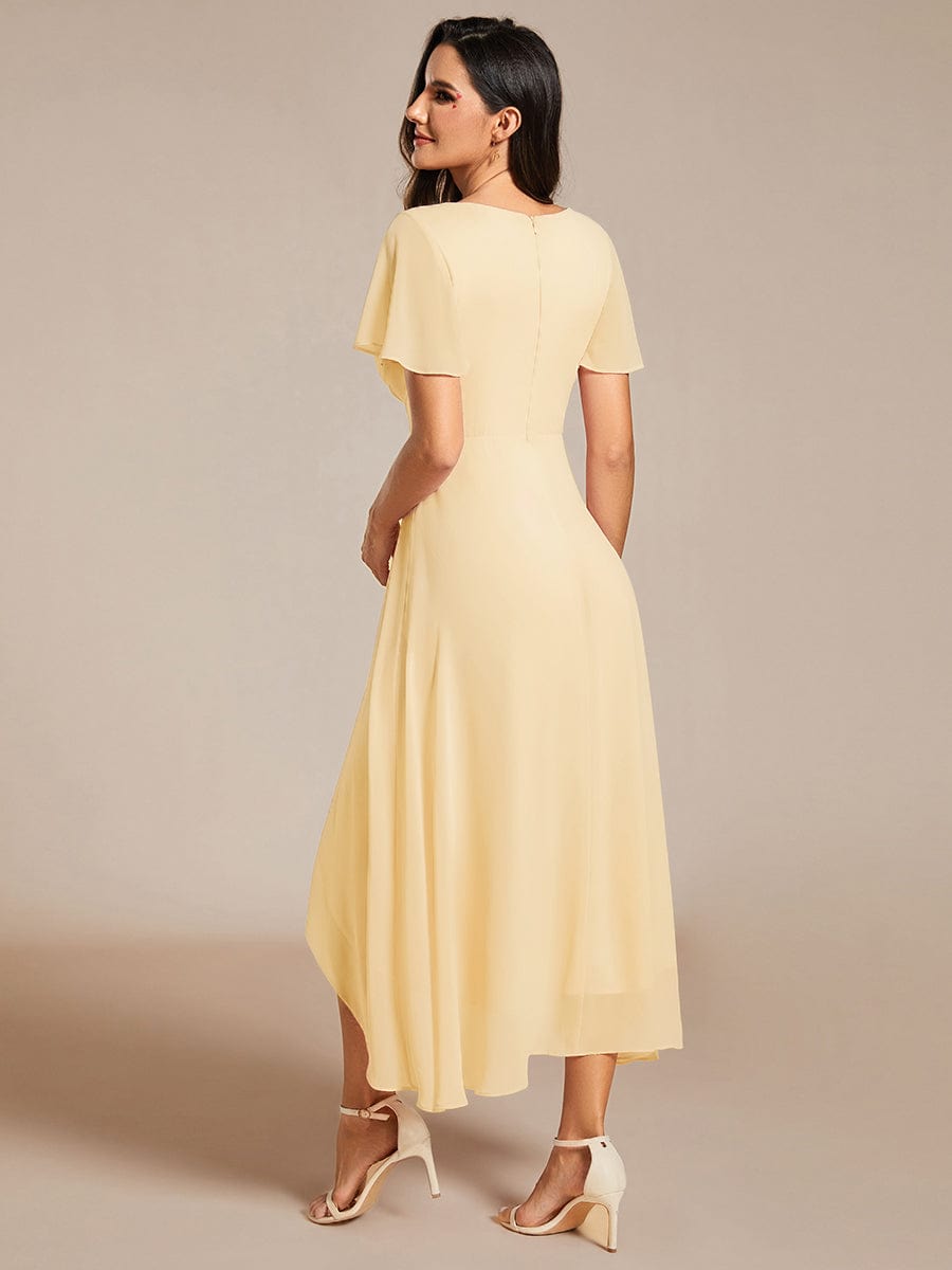 Pleated Chiffon Ruffles Sleeve Midi Bridesmaid Dress #color_Yellow