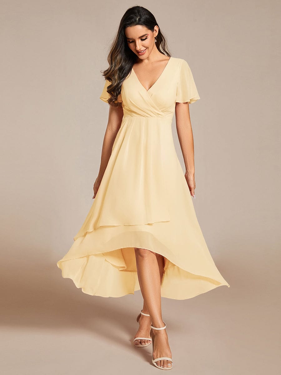 Ruffles Sleeve Pleated V-Neck A-Line Midi Chiffon Wedding Guest Dress #color_Yellow