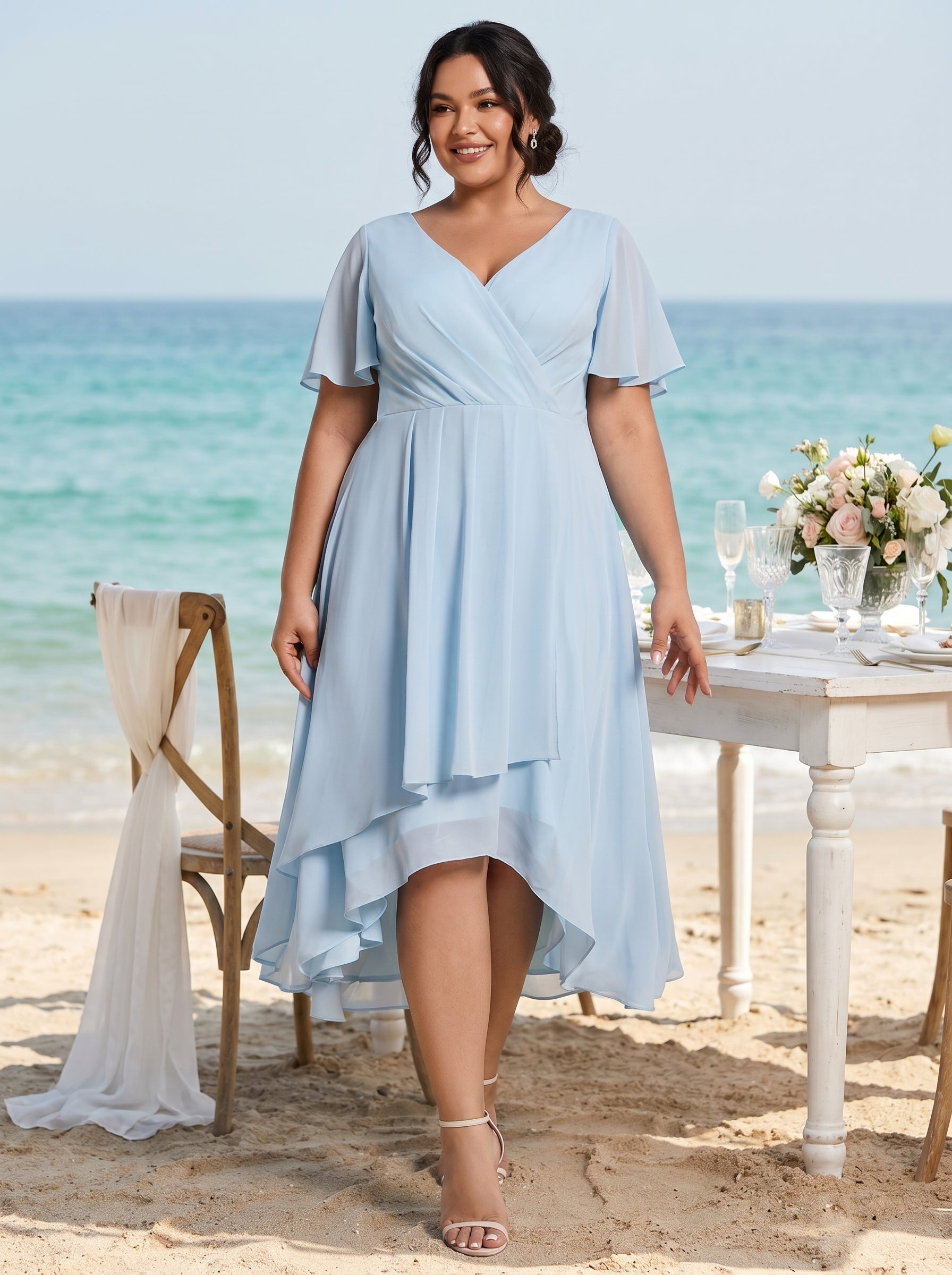Plus Size Chiffon Short Sleeves Pleated V-Neck A-Line Midi Wedding Guest Dress #color_Sky Blue