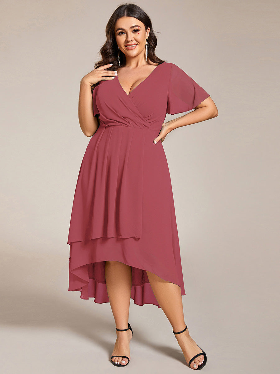 Plus Size Chiffon Short Sleeves Pleated V-Neck A-Line Midi Wedding Guest Dress #color_Cameo Brown