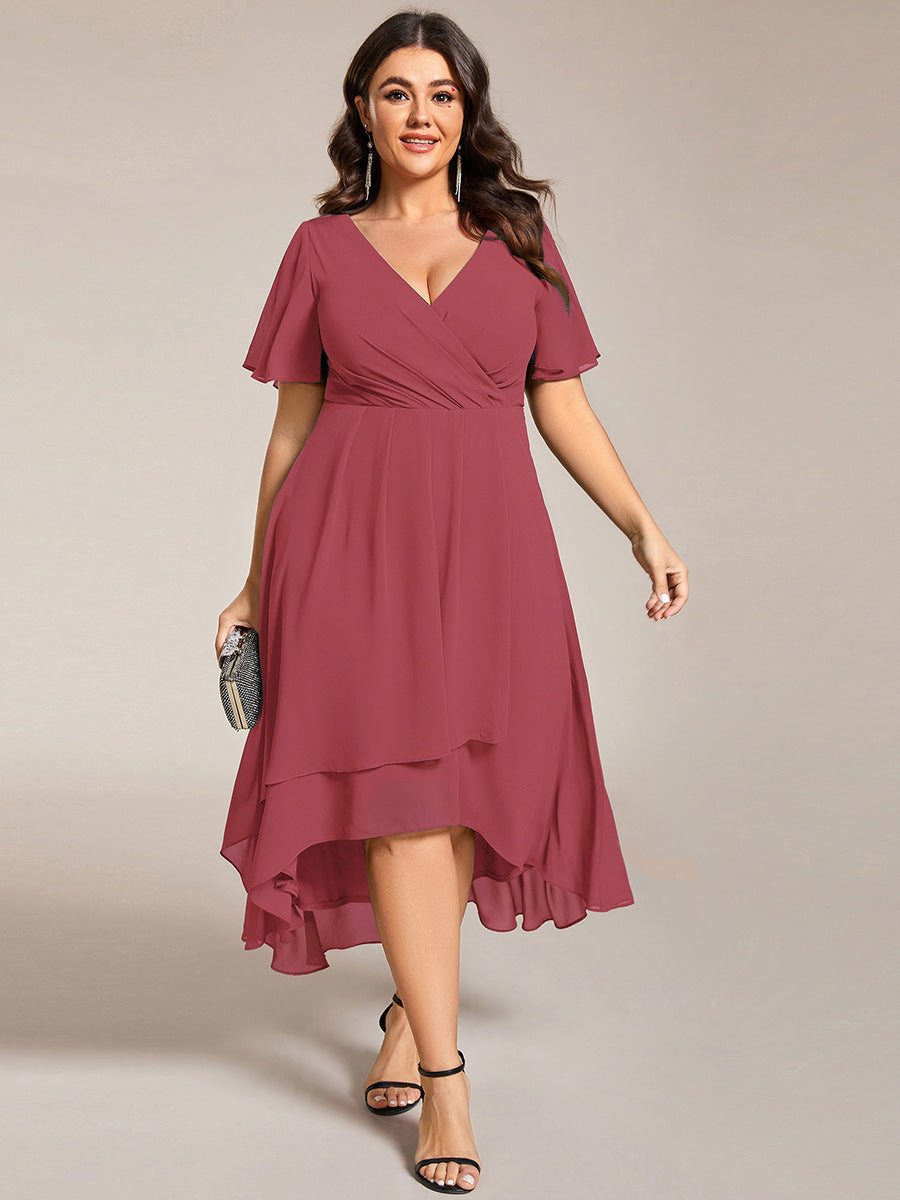 Plus Size Chiffon Short Sleeves Pleated V-Neck A-Line Midi Wedding Guest Dress #color_Cameo Brown