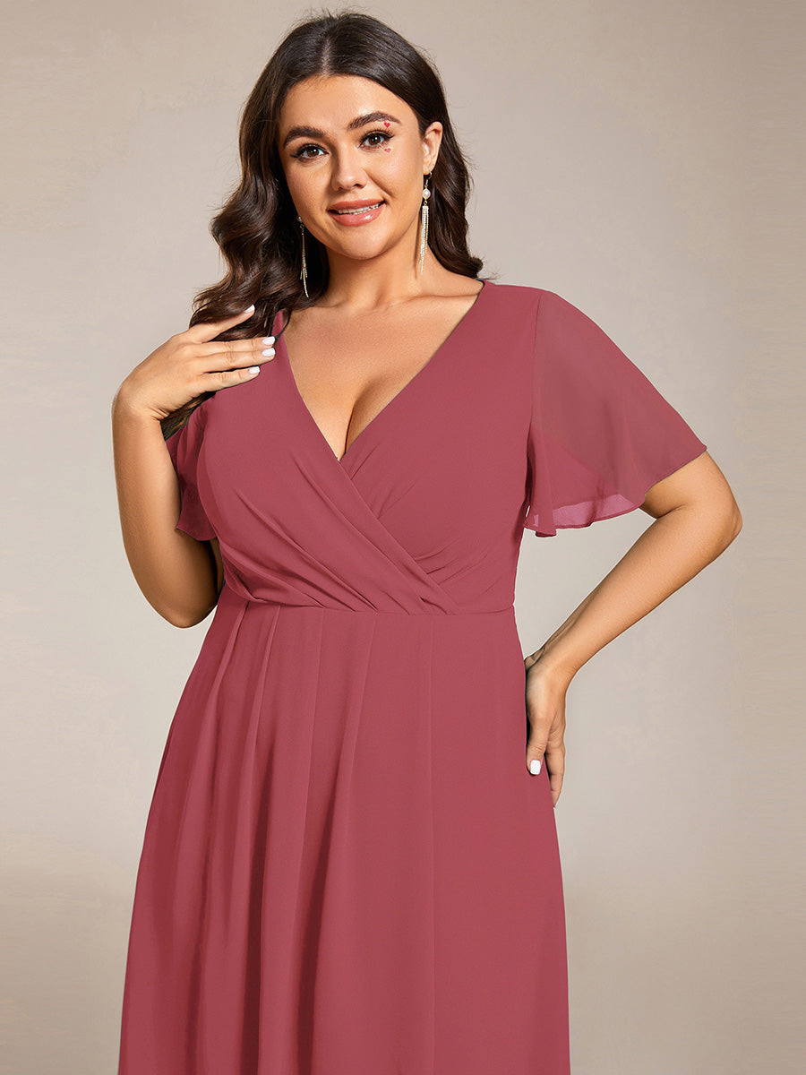 Plus Size Chiffon Short Sleeves Pleated V-Neck A-Line Midi Wedding Guest Dress #color_Cameo Brown