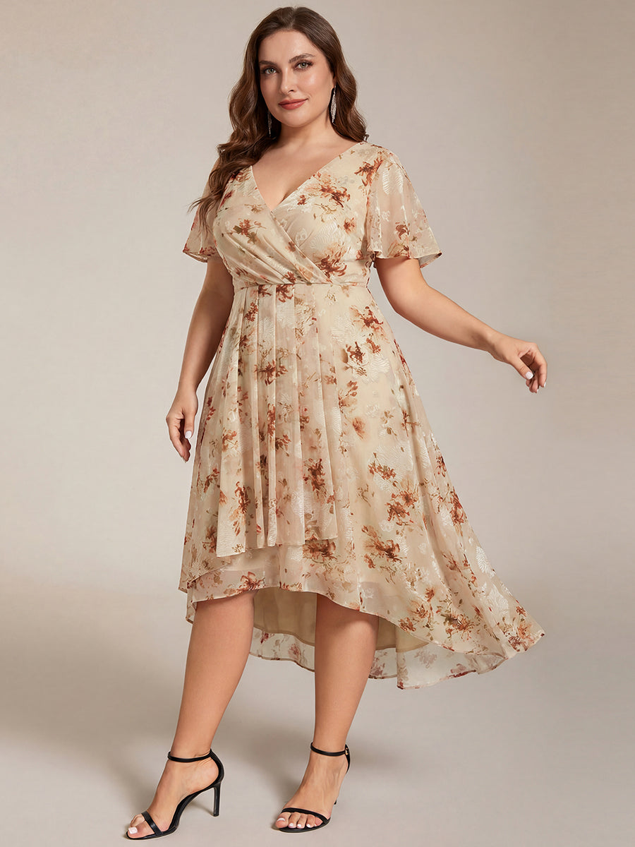 Plus Size Chiffon Short Sleeves Pleated V-Neck A-Line Midi Wedding Guest Dress #color_Champagne Print