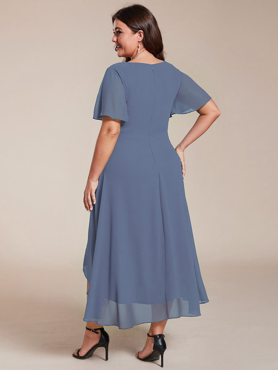 Deep V-Neck Chiffon Ruffle Sleeve Wedding Guest Dress #color_Dusty Blue