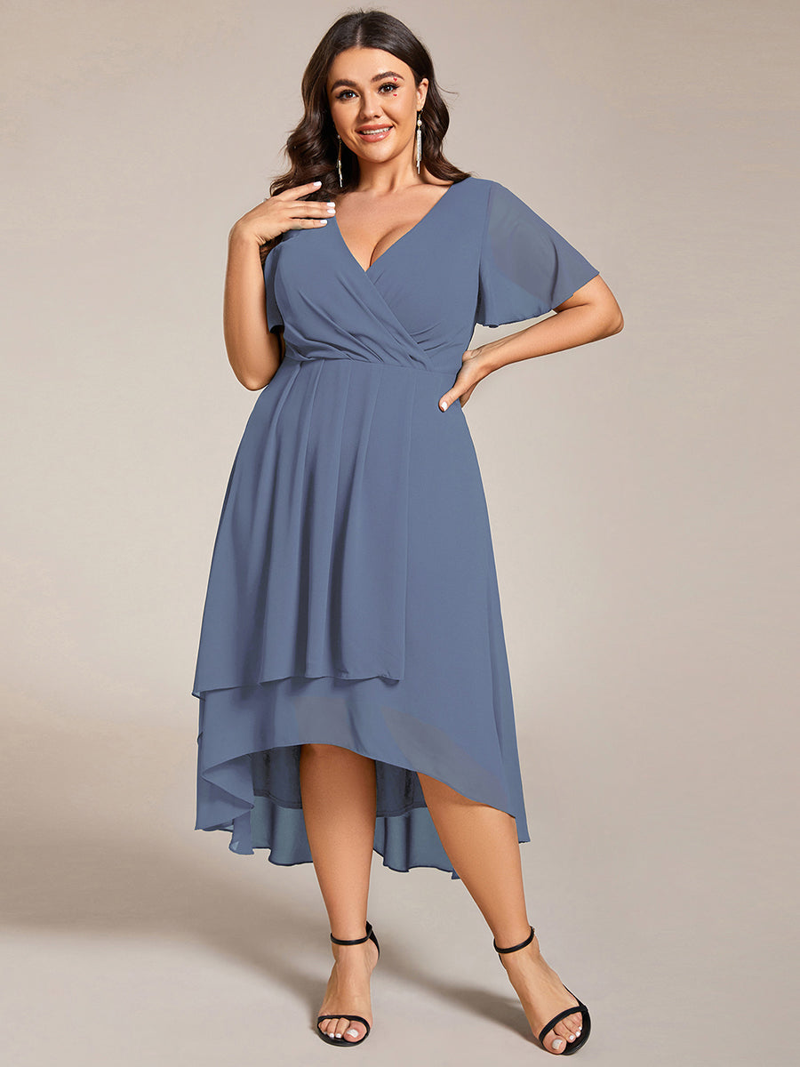 Deep V-Neck Chiffon Ruffle Sleeve Wedding Guest Dress #color_Dusty Blue