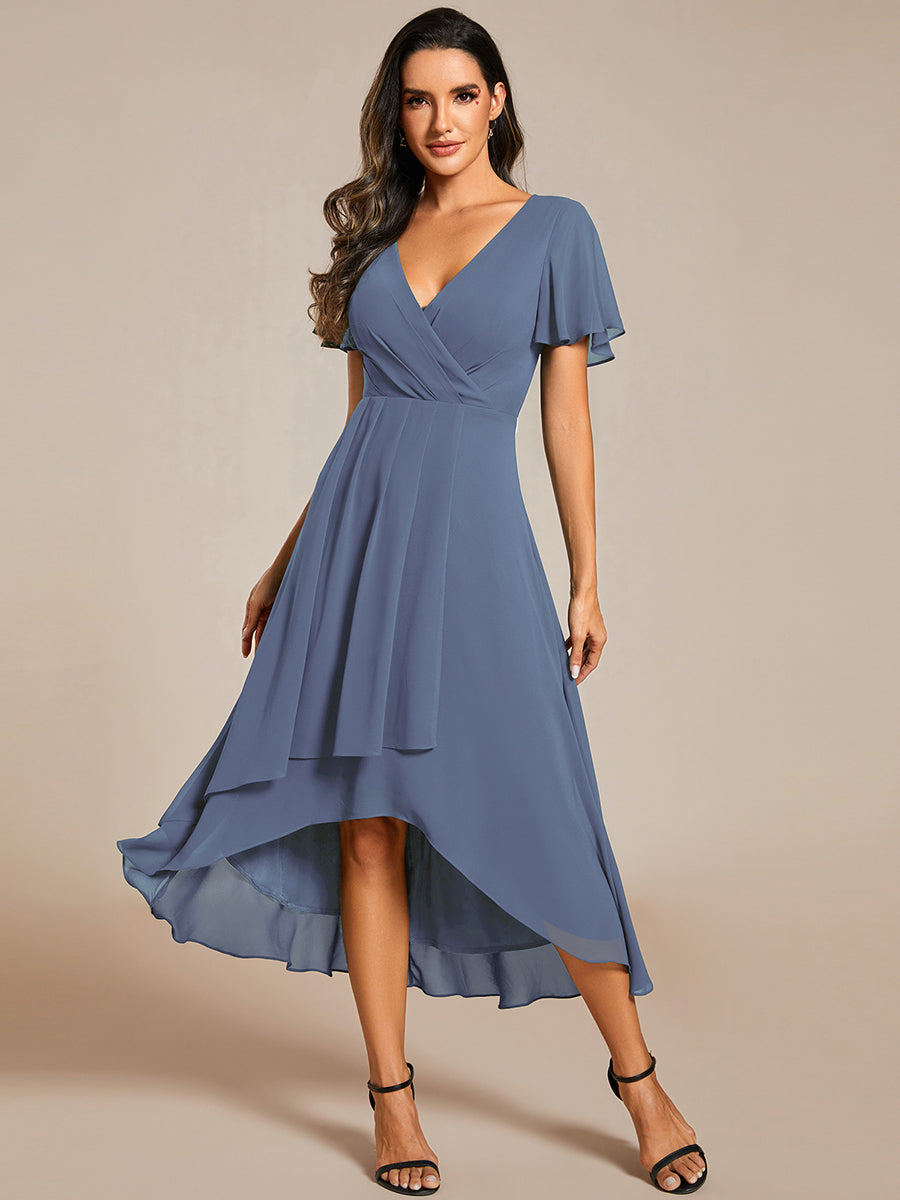 Deep V-Neck Chiffon Ruffle Sleeve Wedding Guest Dress #color_Dusty Blue