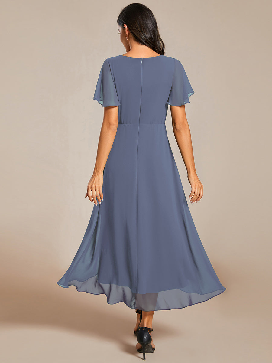 Deep V-Neck Chiffon Ruffle Sleeve Wedding Guest Dress #color_Dusty Blue