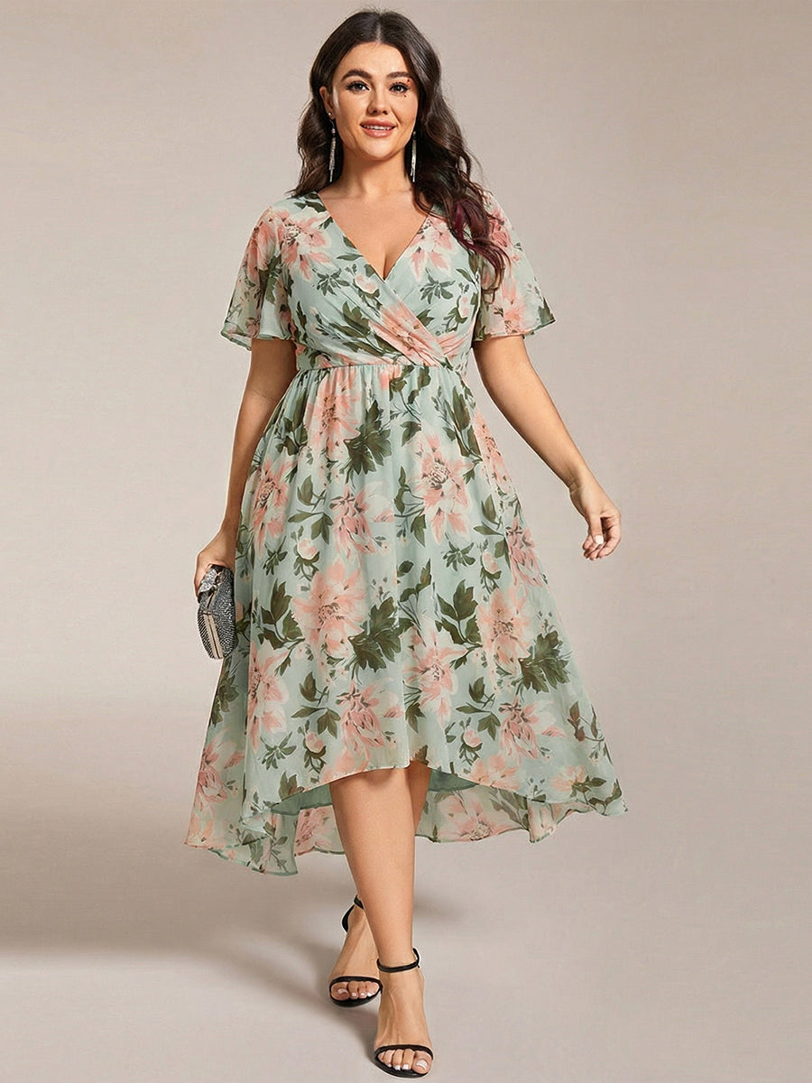 Deep V-Neck Chiffon Ruffle Sleeve Wedding Guest Dress #color_Light Green Floral