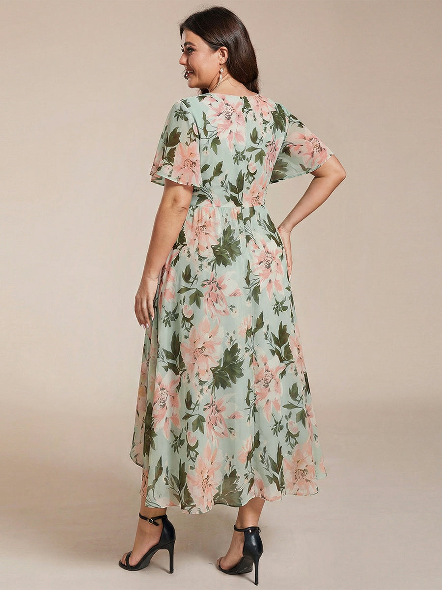 Deep V-Neck Chiffon Ruffle Sleeve Wedding Guest Dress #color_Light Green Floral