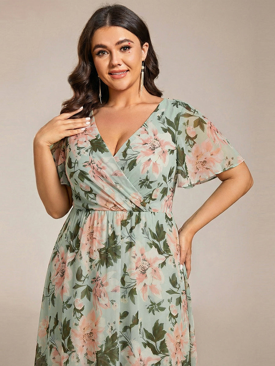 Deep V-Neck Chiffon Ruffle Sleeve Wedding Guest Dress #color_Light Green Floral