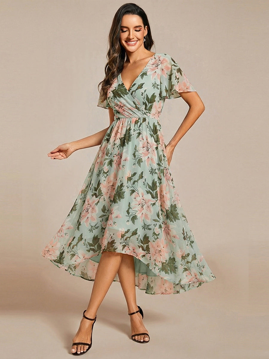 Deep V-Neck Chiffon Ruffle Sleeve Wedding Guest Dress #color_Light Green Floral