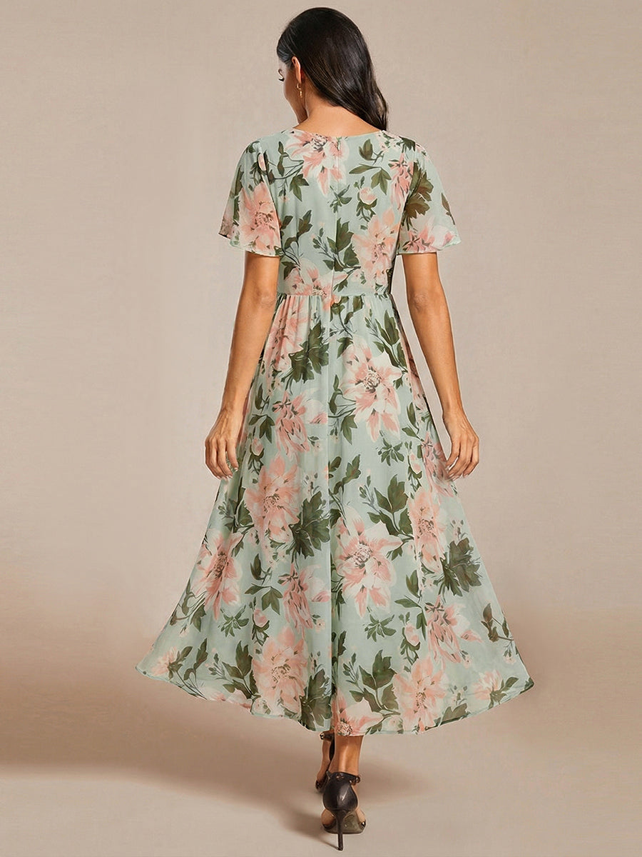 Deep V-Neck Chiffon Ruffle Sleeve Wedding Guest Dress #color_Light Green Floral