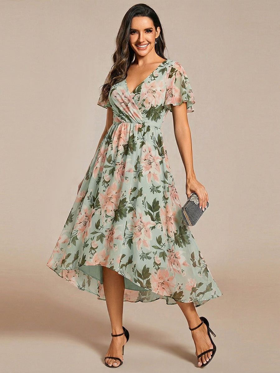 Deep V-Neck Chiffon Ruffle Sleeve Wedding Guest Dress #color_Light Green Floral