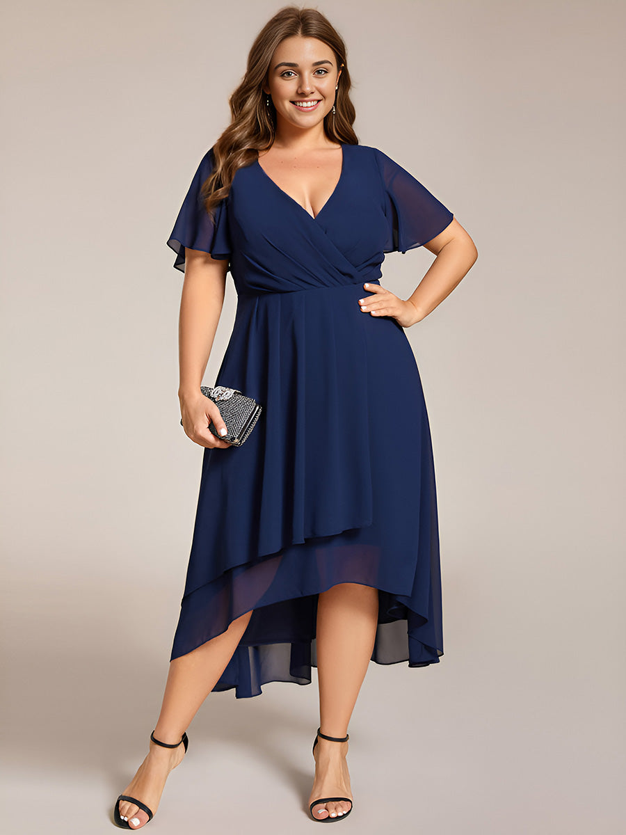 Deep V-Neck Chiffon Ruffle Sleeve Wedding Guest Dress #color_Navy Blue