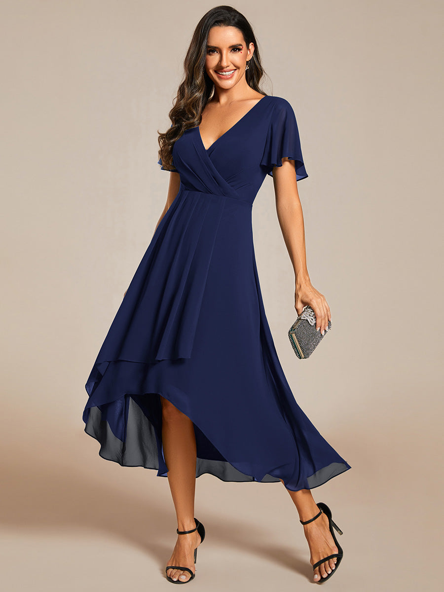 Deep V-Neck Chiffon Ruffle Sleeve Wedding Guest Dress #color_Navy Blue