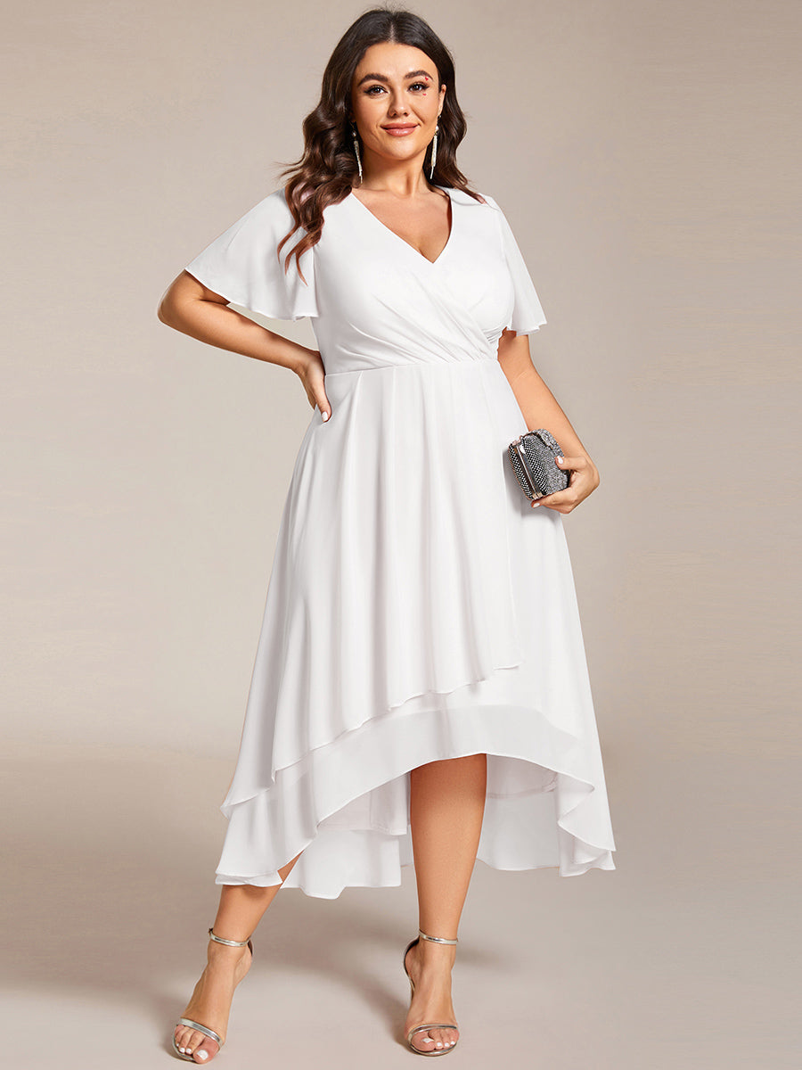 Deep V-Neck Chiffon Ruffle Sleeve Wedding Guest Dress #color_White